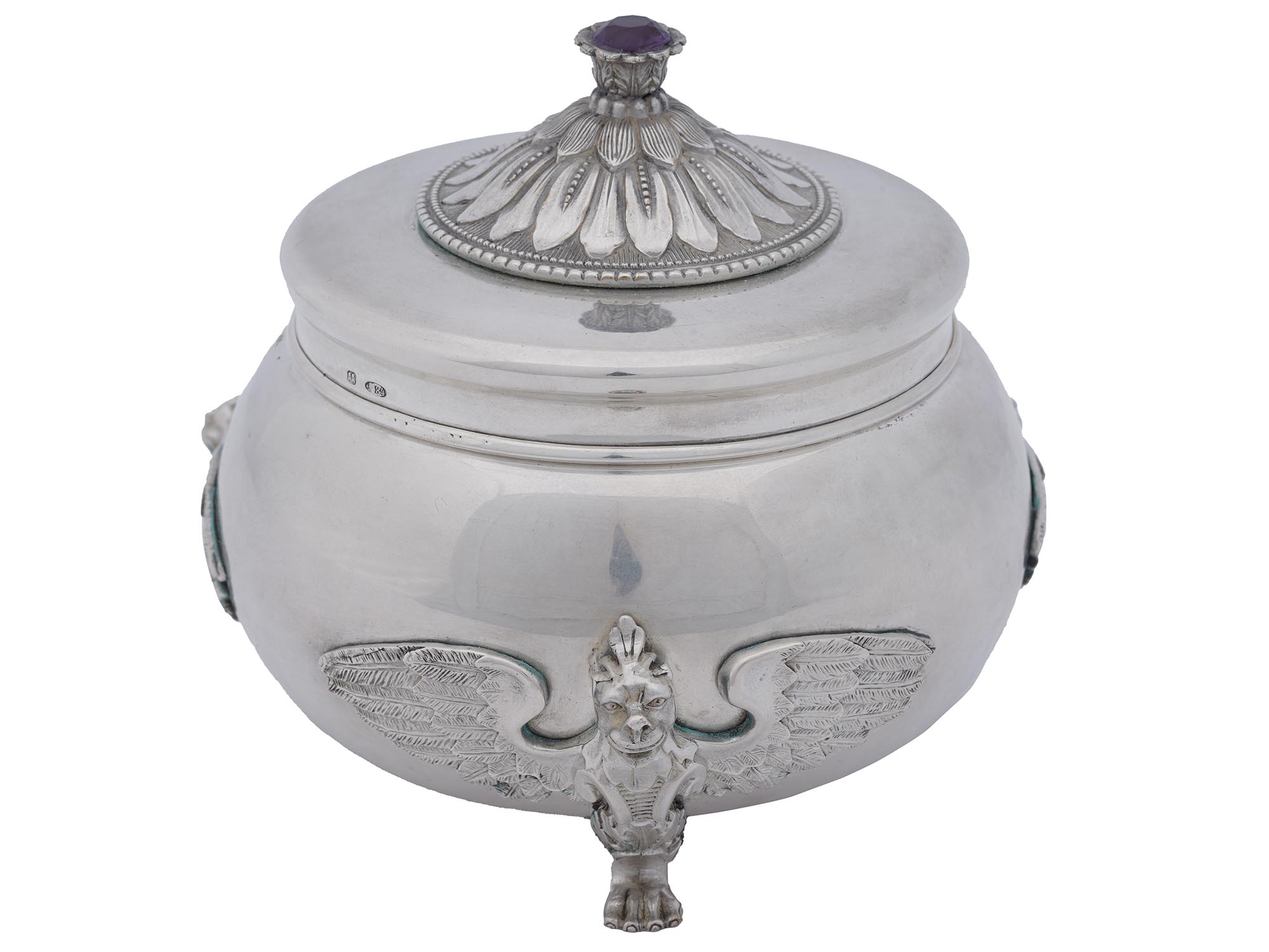 RUSSIAN SILVER AMETHYST GRIFFON SUGAR BOWL PIC-1